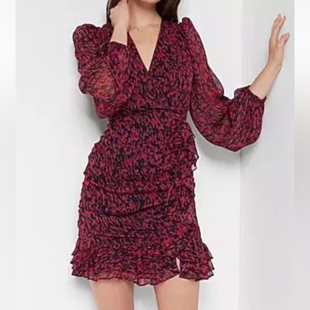 NWT Express Abstract Print Faux Wrap Ruffle Mini Dress Sz M - Picture 2 of 14